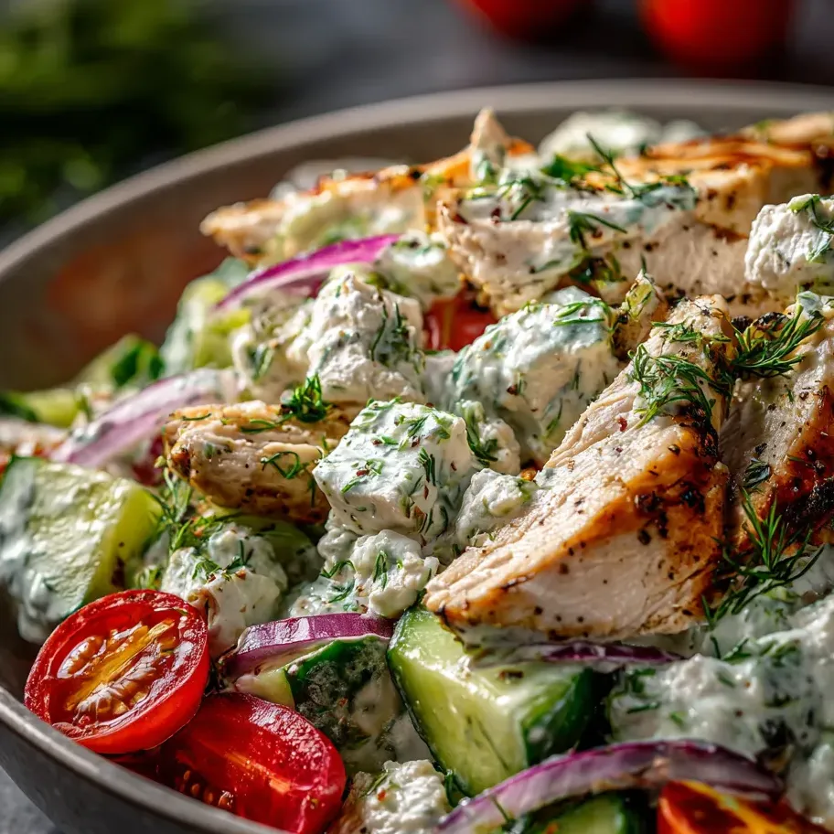 A bowl of chicken salad with tomatoes, cucumbers, and onions.