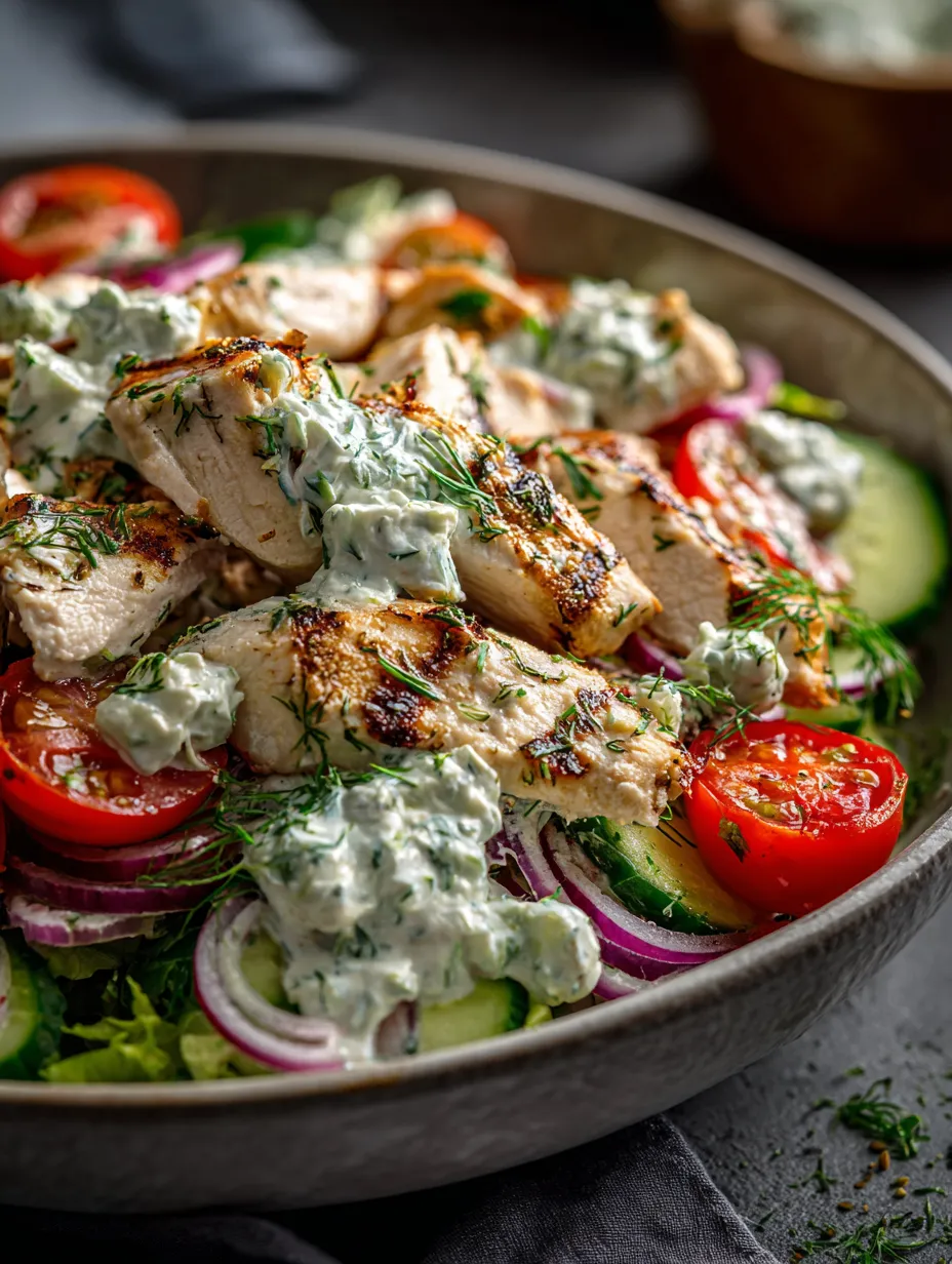 A bowl of chicken, tomatoes, cucumbers, and lettuce.