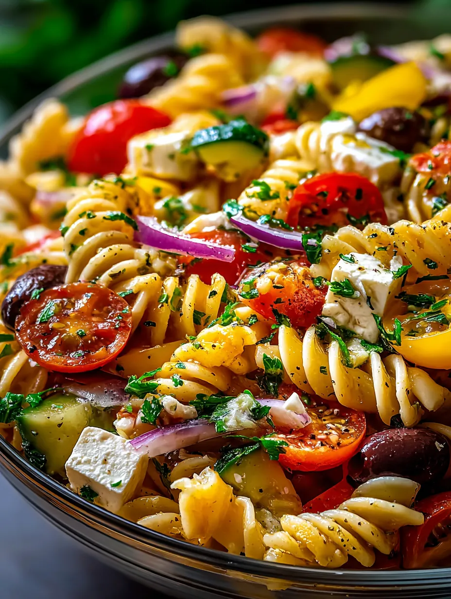 A bowl of pasta with tomatoes, cucumbers, and cheese.