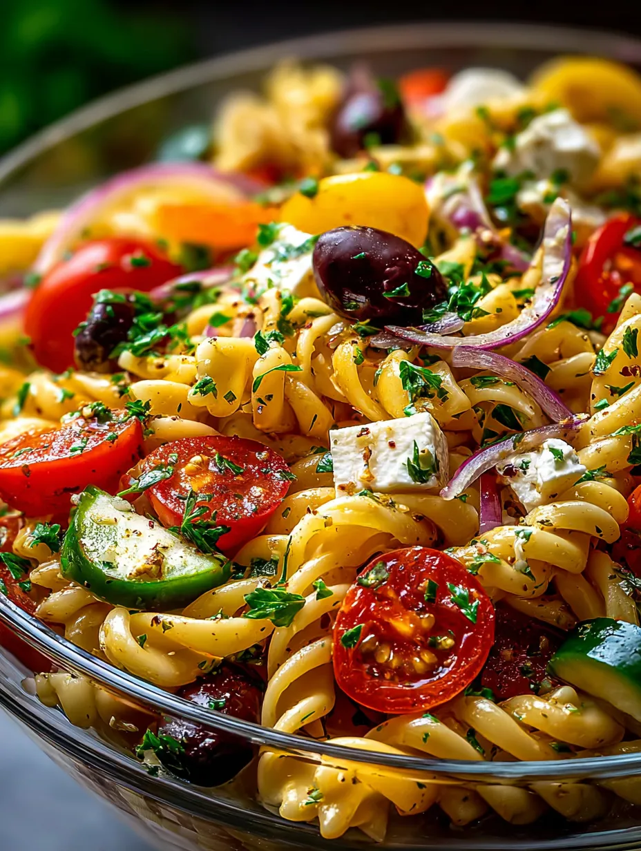 A bowl of pasta with tomatoes, olives, and cheese.