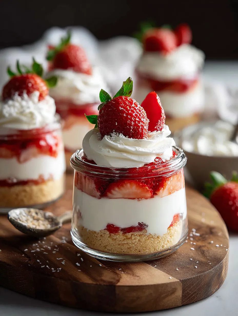A glass jar filled with strawberry shortcake.