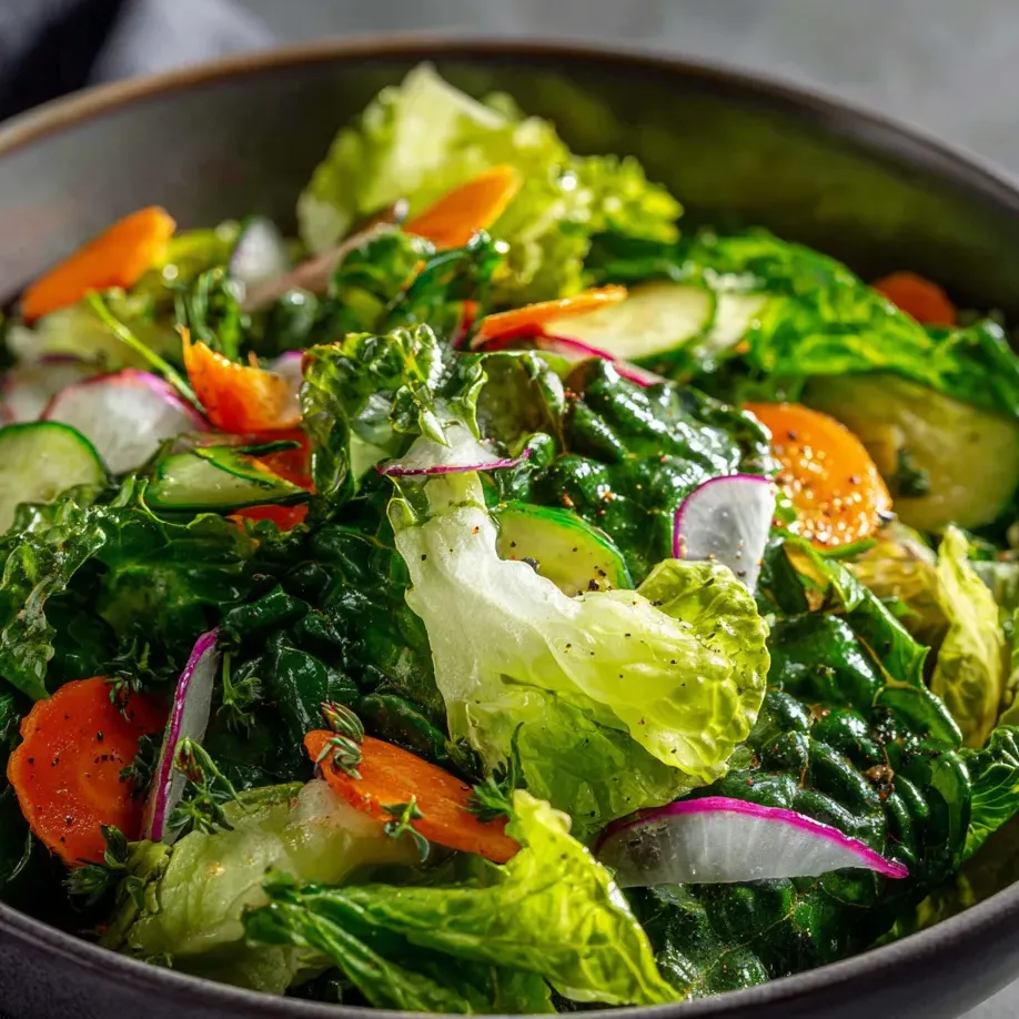 A bowl of salad with carrots, lettuce, and cucumbers.