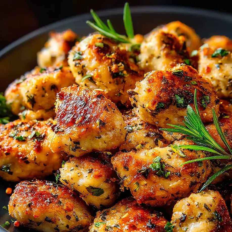 A bowl of chicken with herbs and spices.