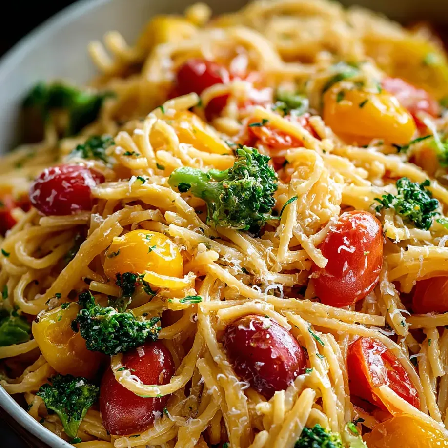 A bowl of pasta with tomatoes and broccoli.