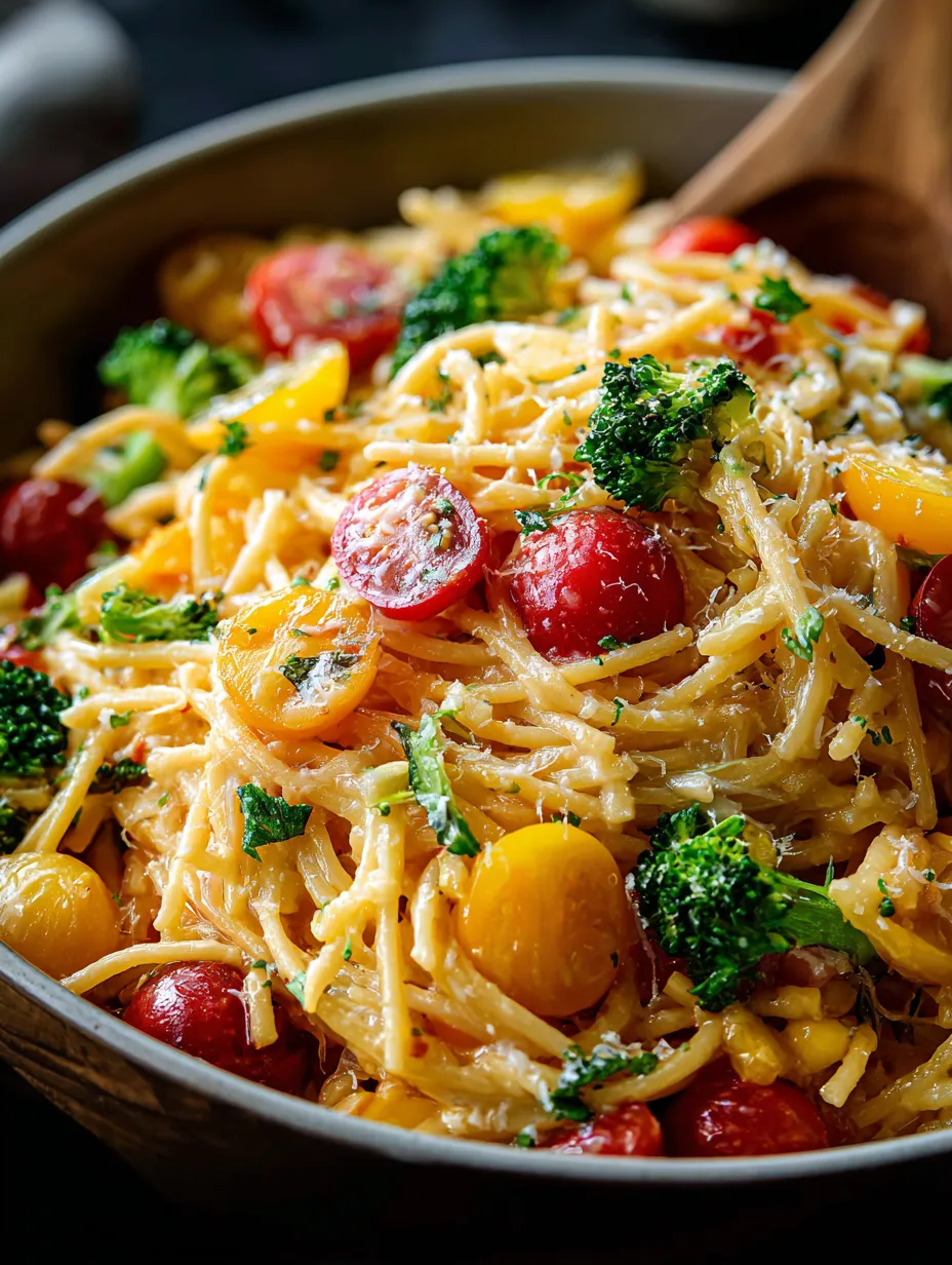 A bowl of pasta with tomatoes and broccoli.