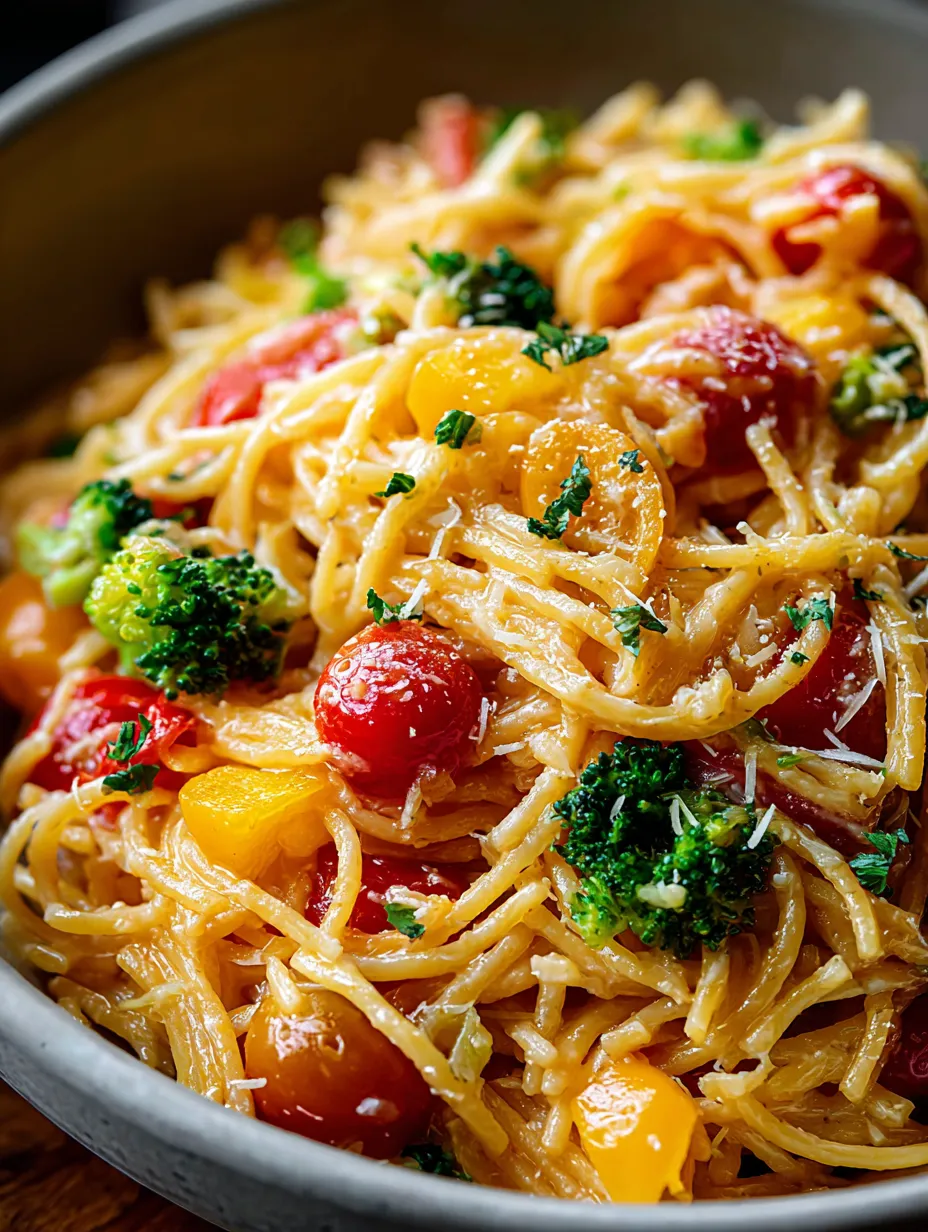 A bowl of pasta with tomatoes and broccoli.