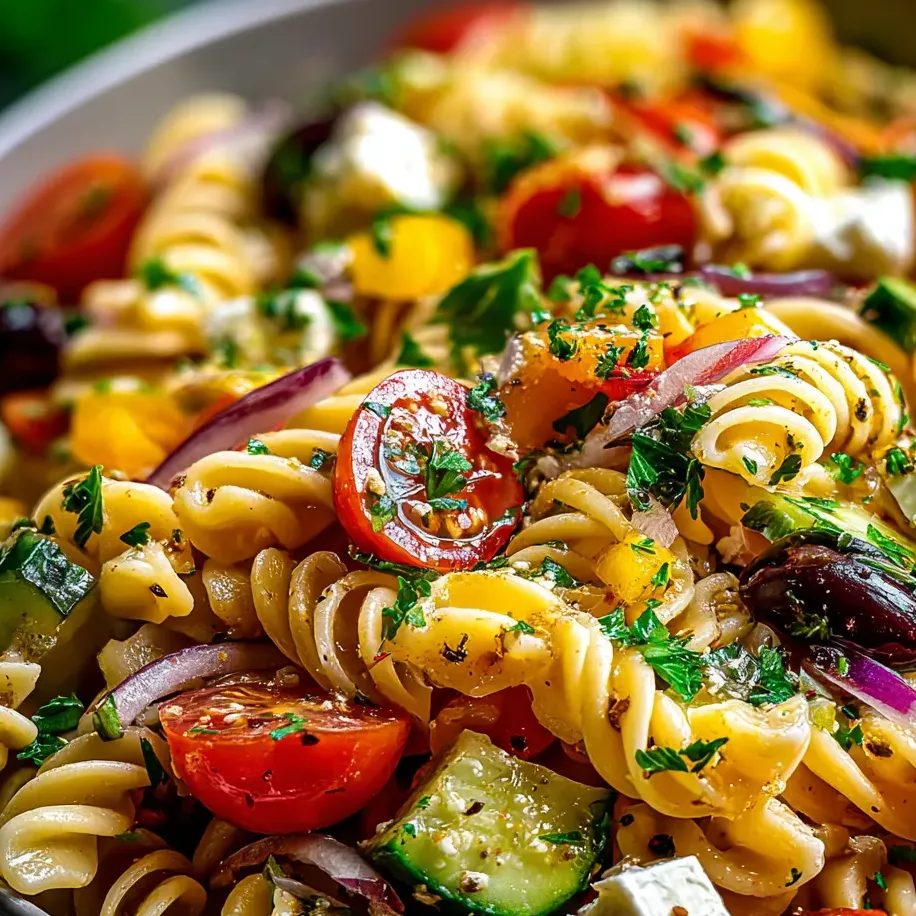 A bowl of pasta with tomatoes, cucumbers, and cheese.