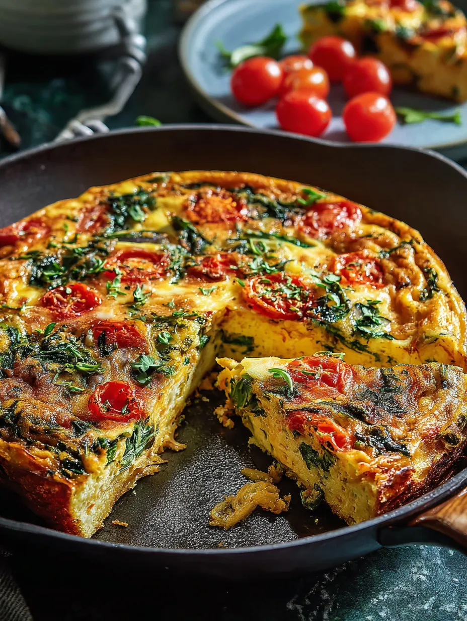 A slice of quiche with tomatoes and spinach.
