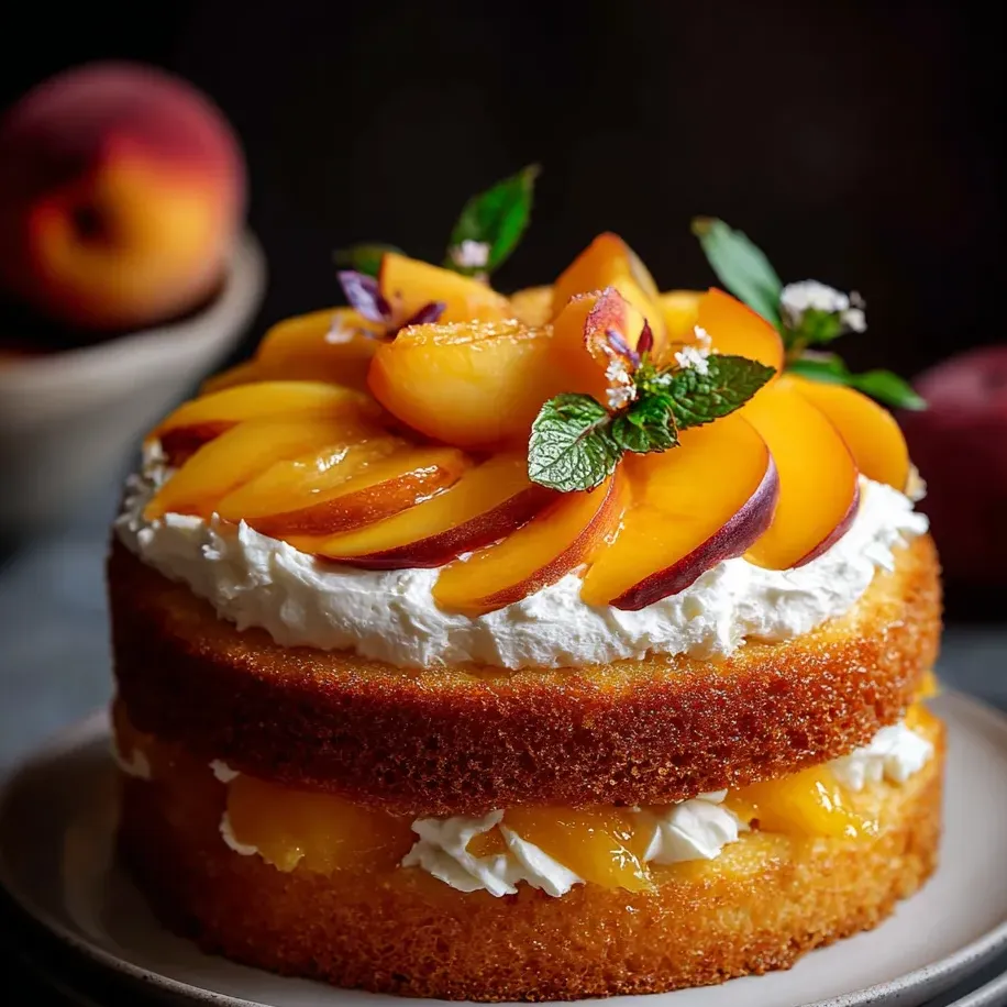 A cake with peaches and whipped cream on top.