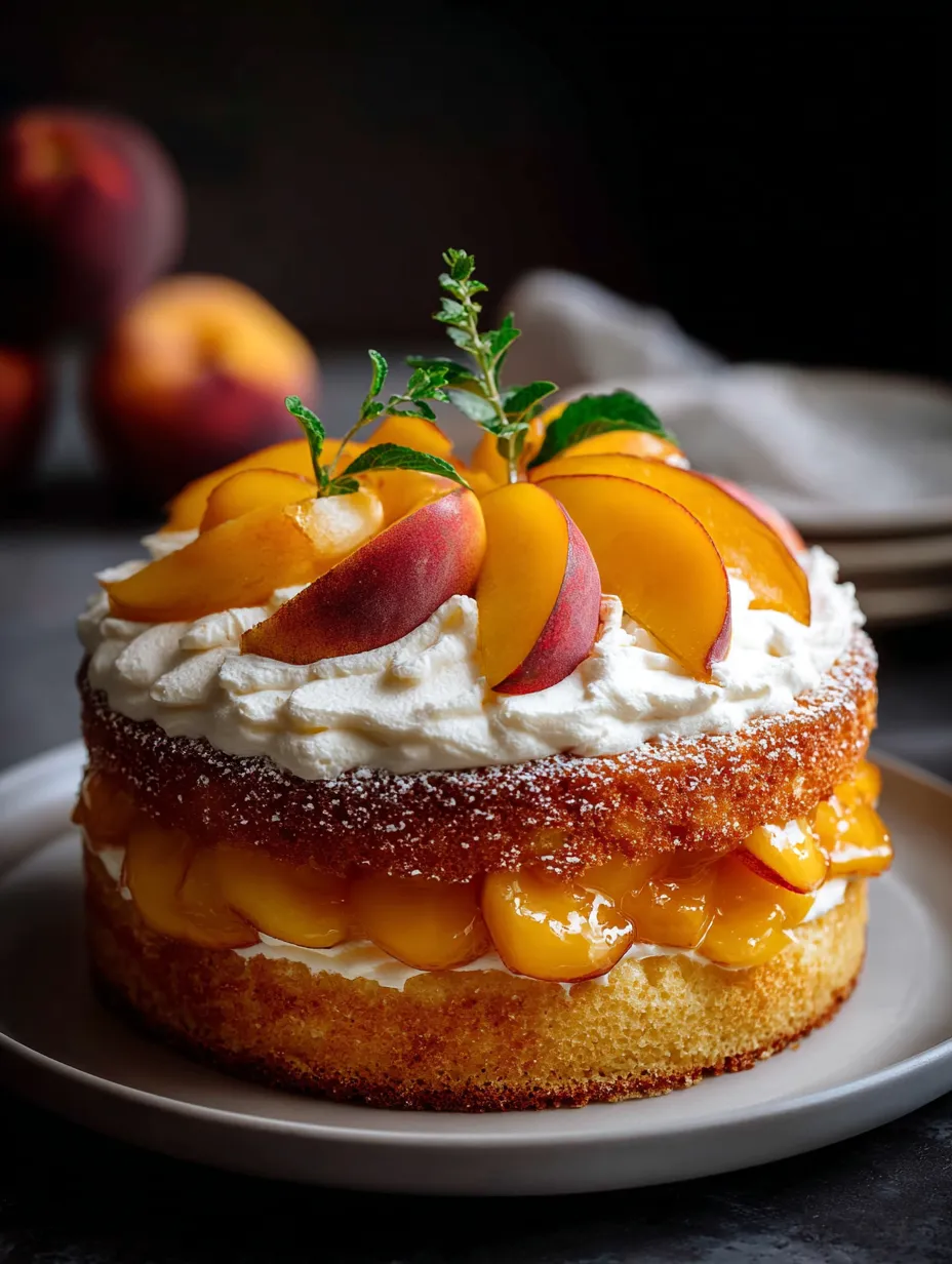 A cake with peaches on top.