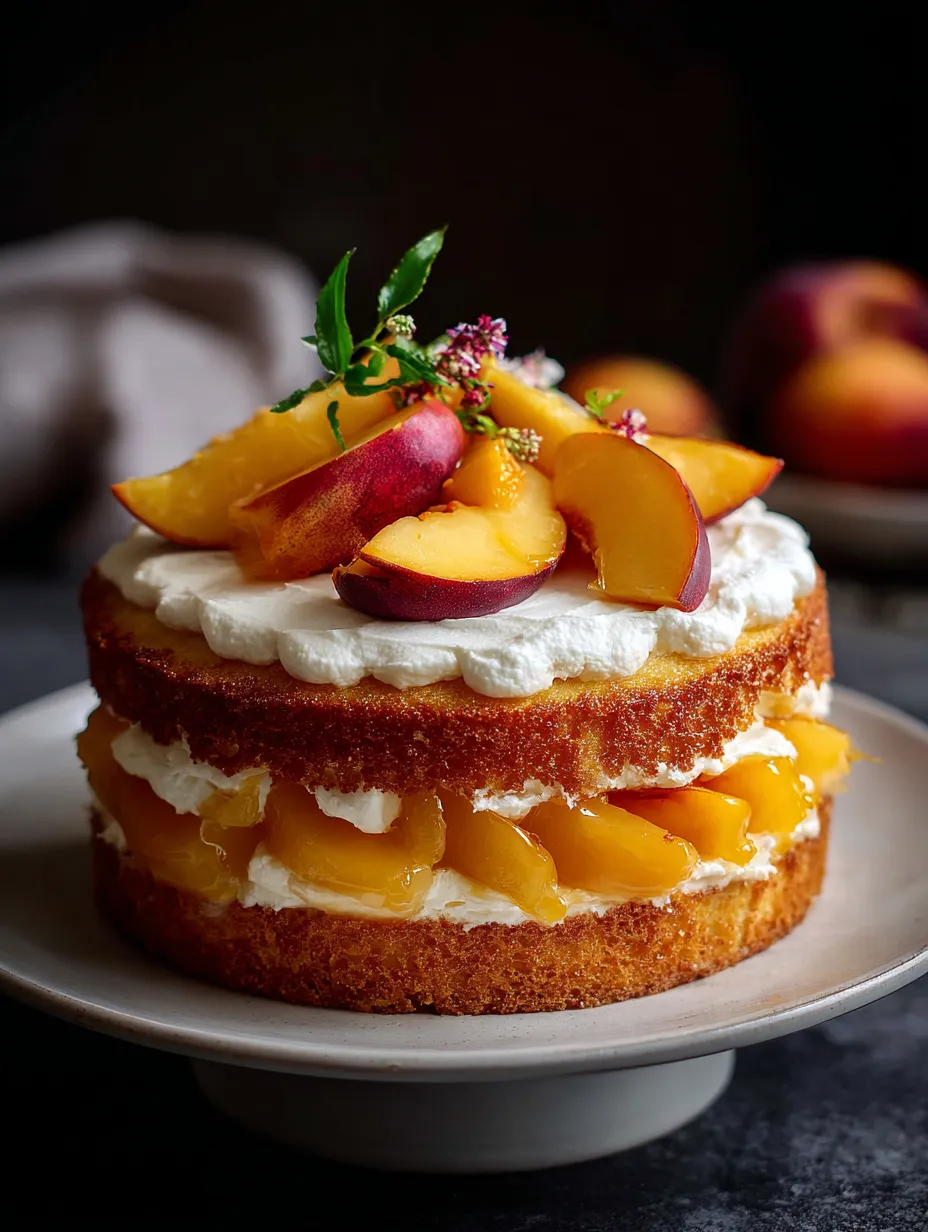 A cake with peaches on top.