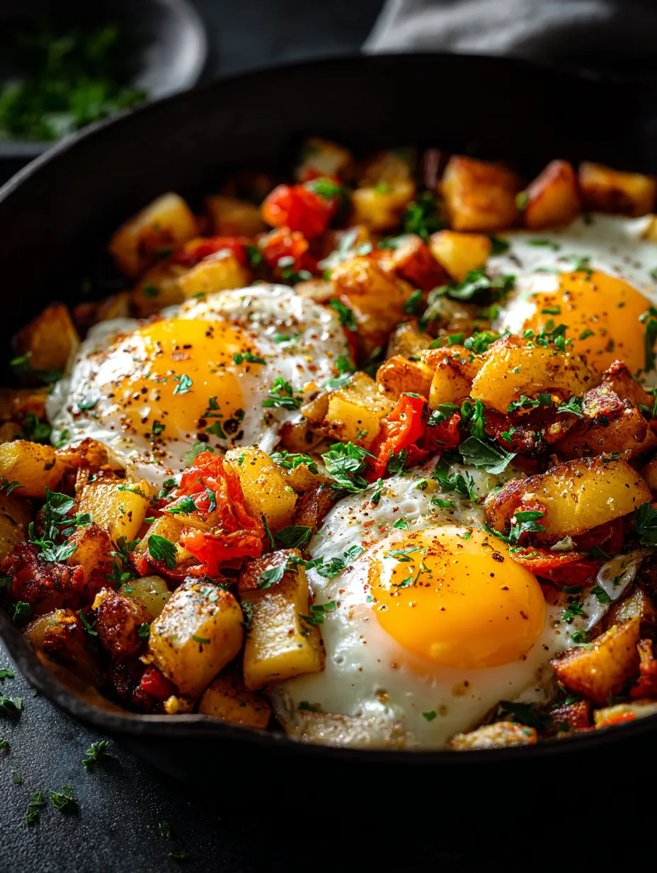 A fried egg in a pan with potatoes and tomatoes.