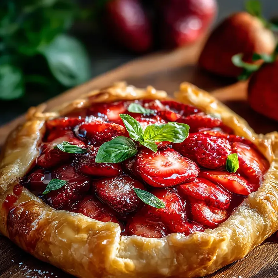 A pie with strawberries and mint.