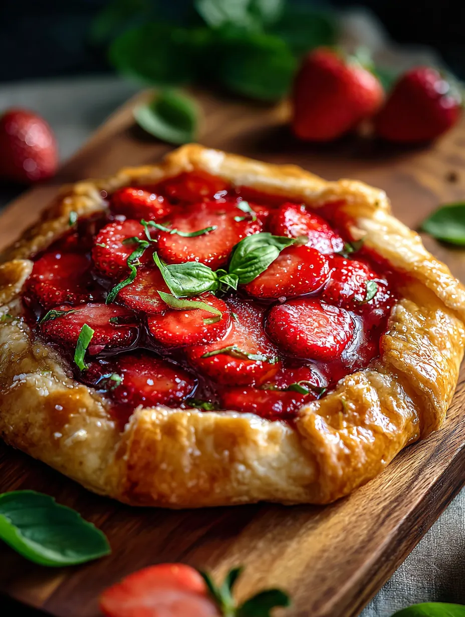 A pastry with strawberries and basil on a wooden cutting board.