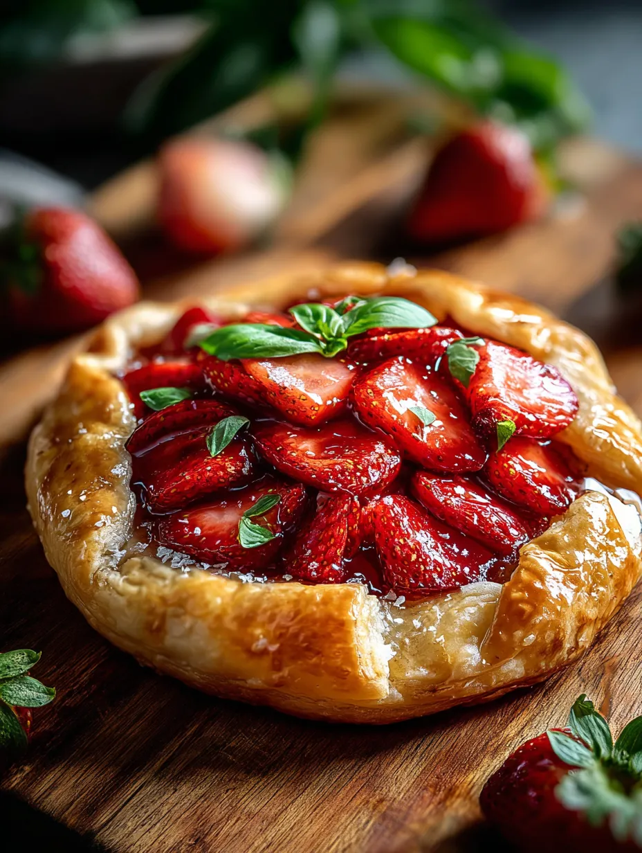 A pie with strawberries and basil.