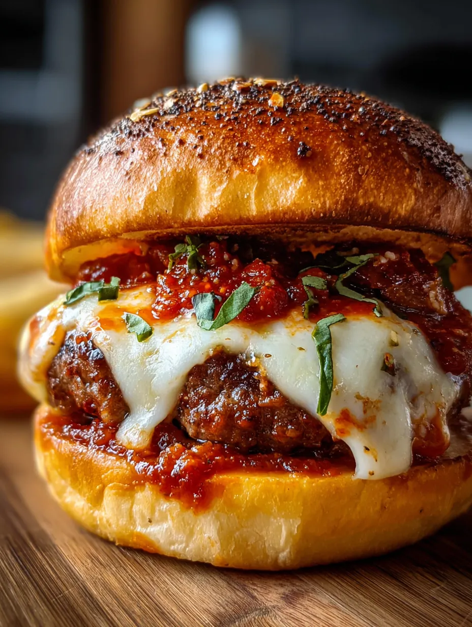 A close up of a cheese and tomato sauce burger.