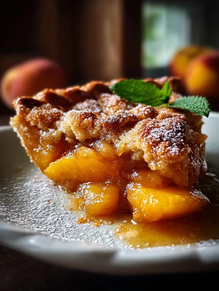 A slice of peach pie with a mint leaf on top.