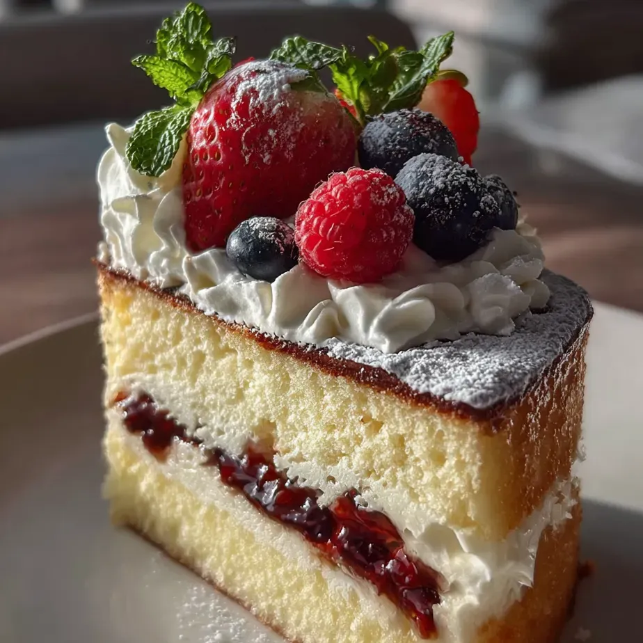 A slice of cake with strawberries and blueberries on top.