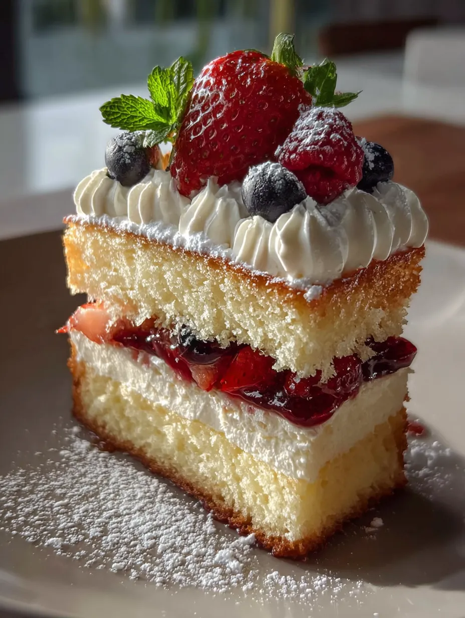 A slice of cake with strawberries and blueberries.