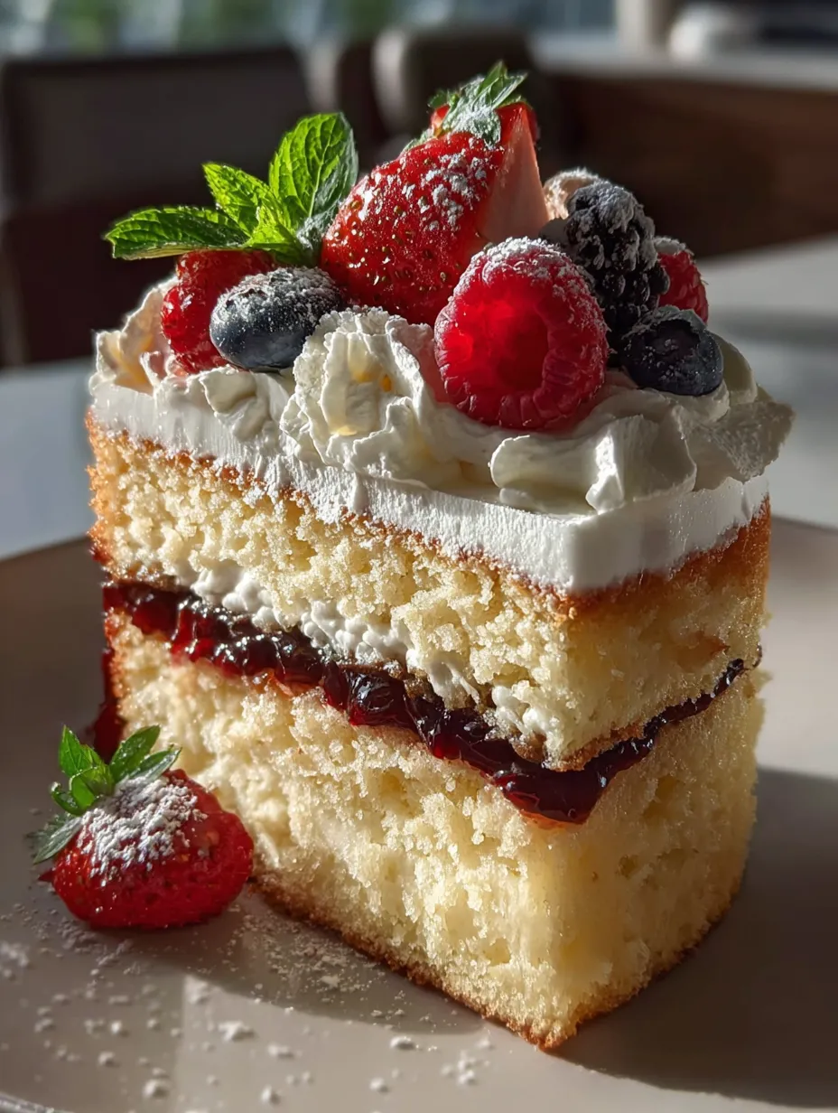 A slice of cake with strawberries and whipped cream.