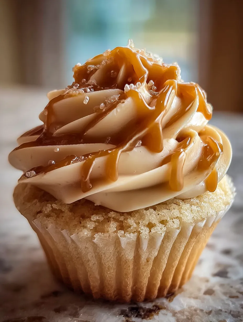 A cupcake with caramel frosting.