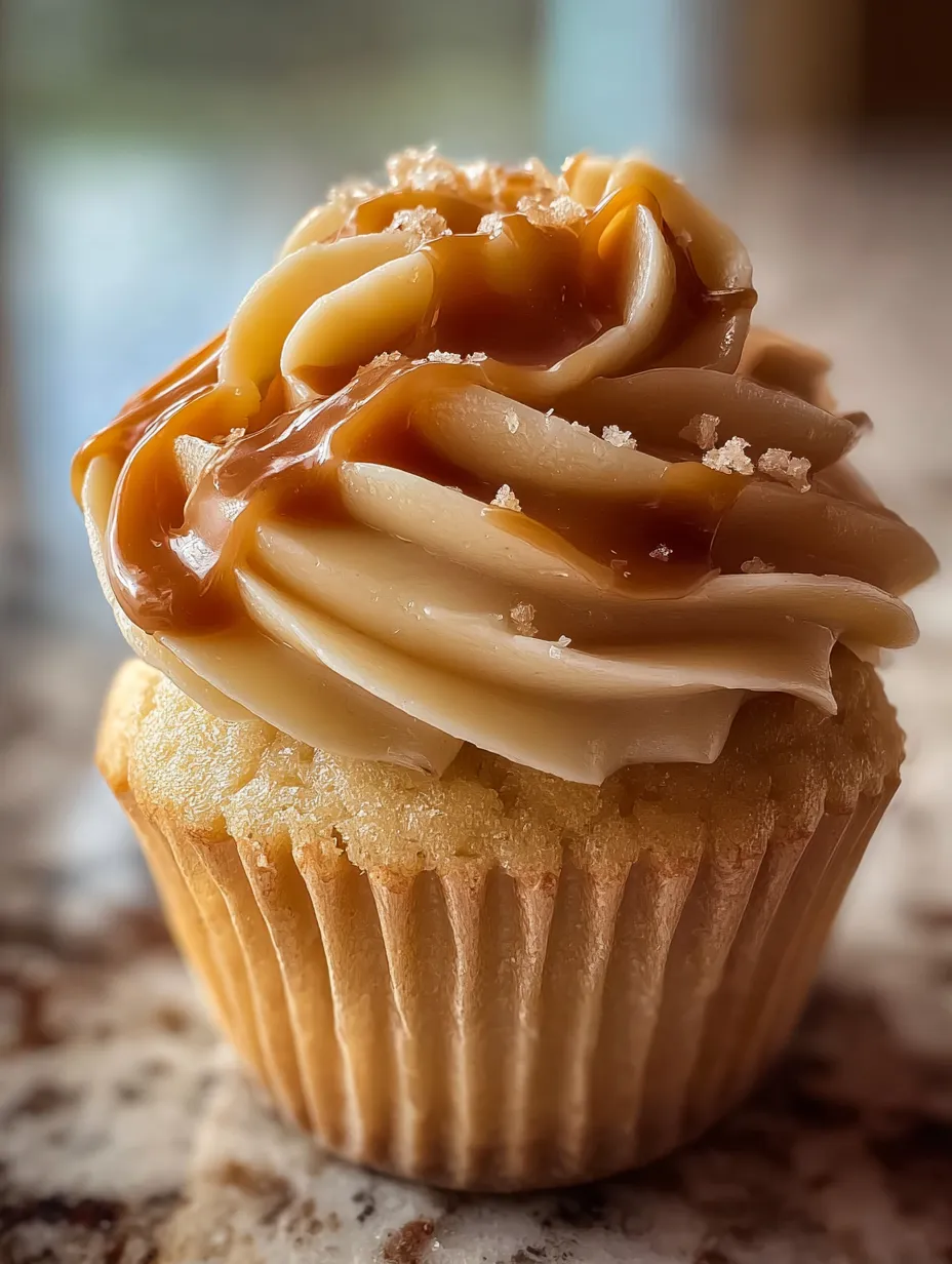 A cupcake with caramel frosting.