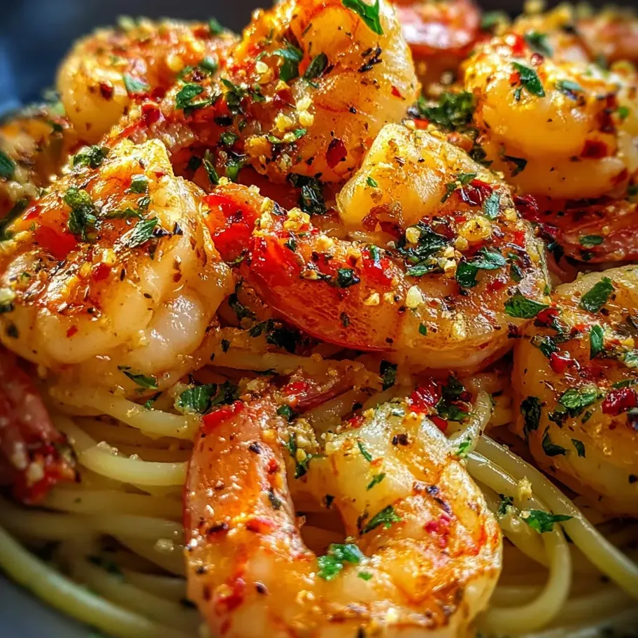 A plate of shrimp and pasta.