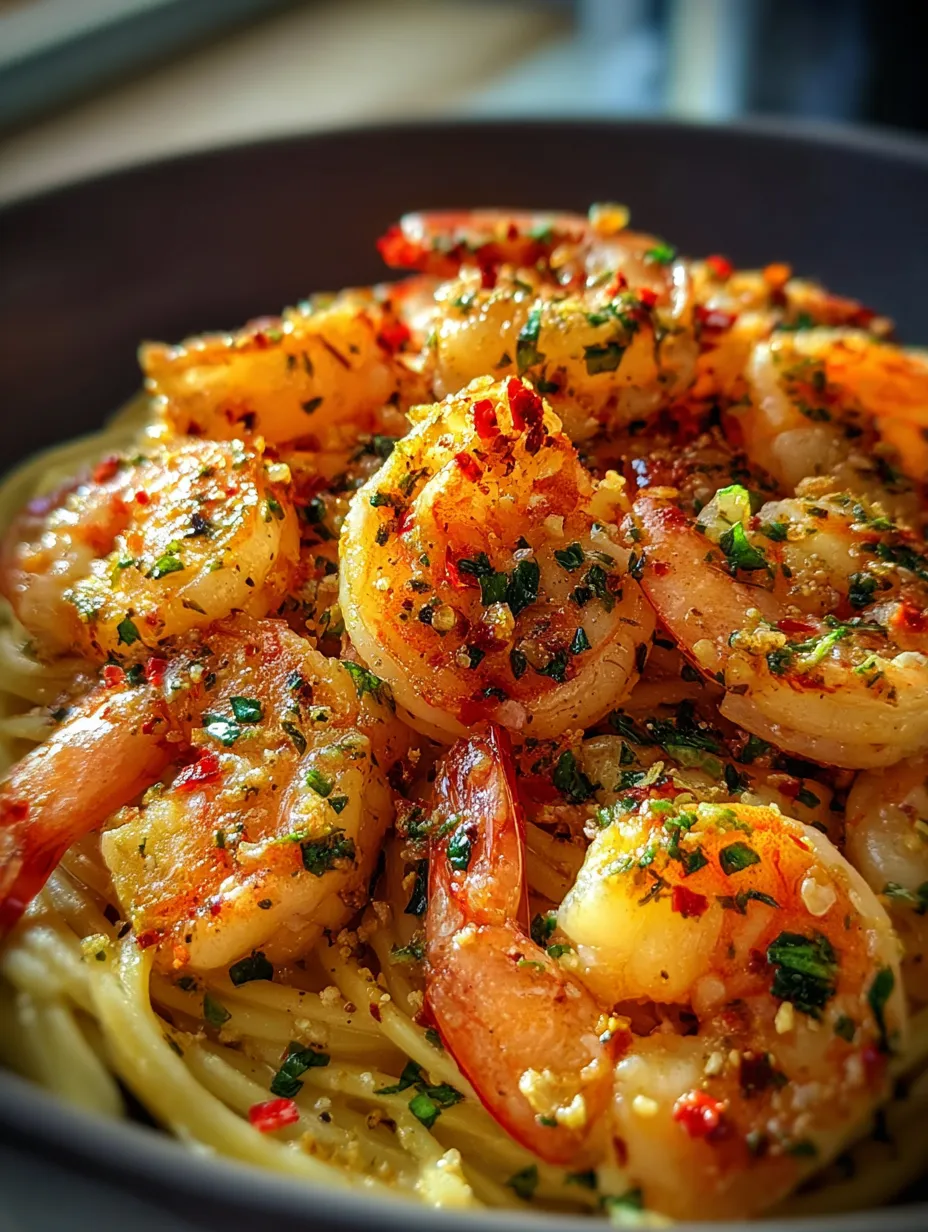 A bowl of shrimp and pasta.