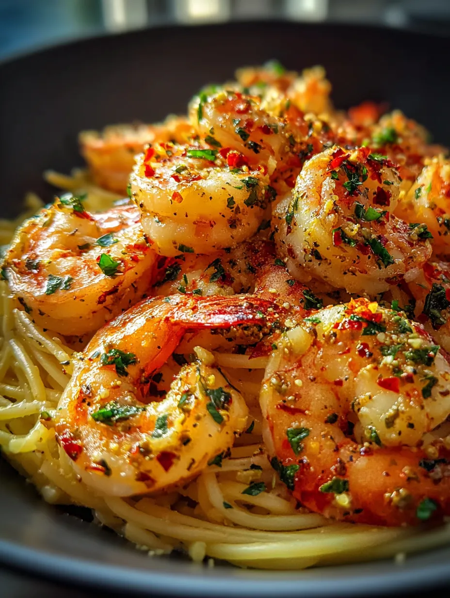 A plate of shrimp and pasta.