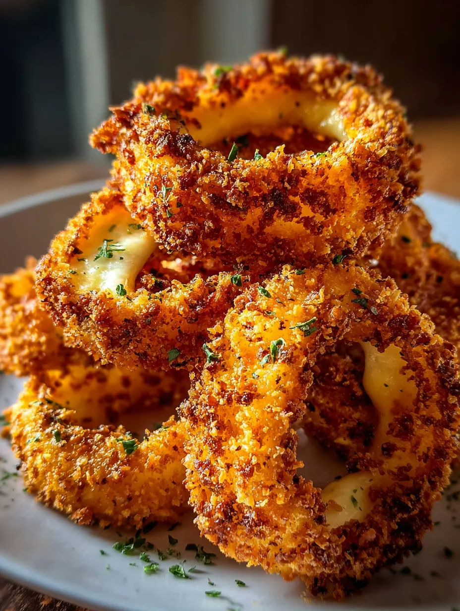 A stack of onion rings on a plate.