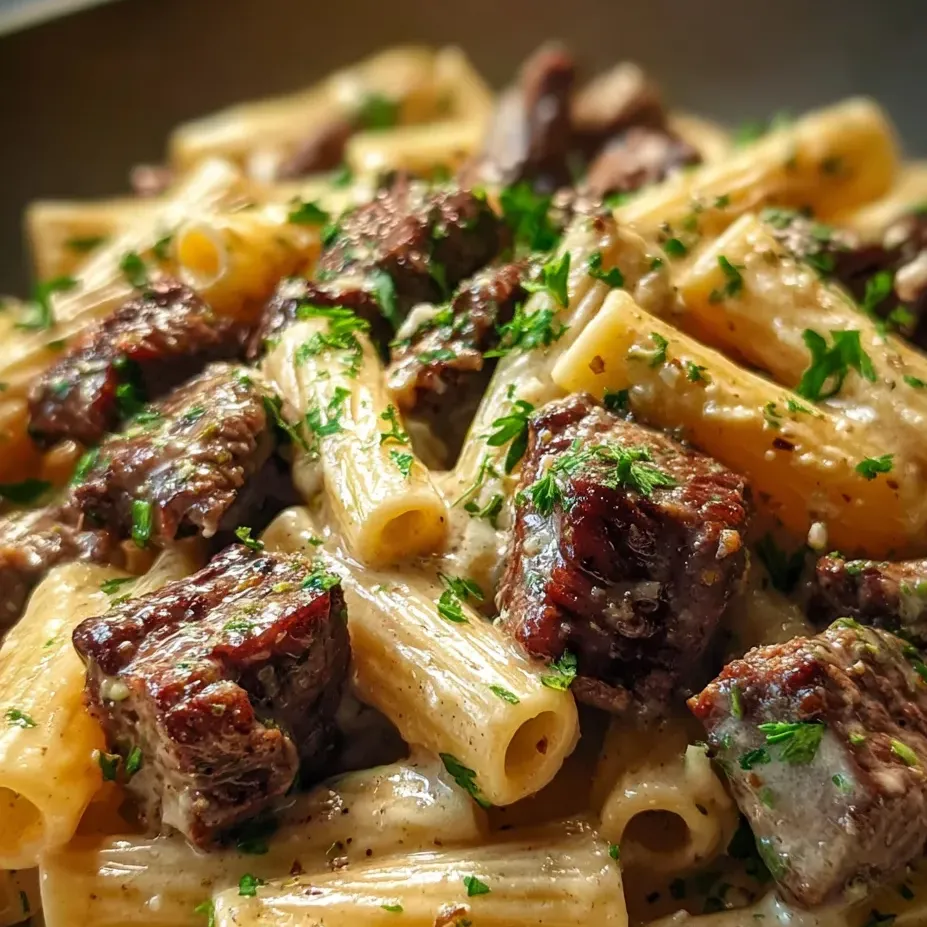 A plate of pasta with meat and herbs.