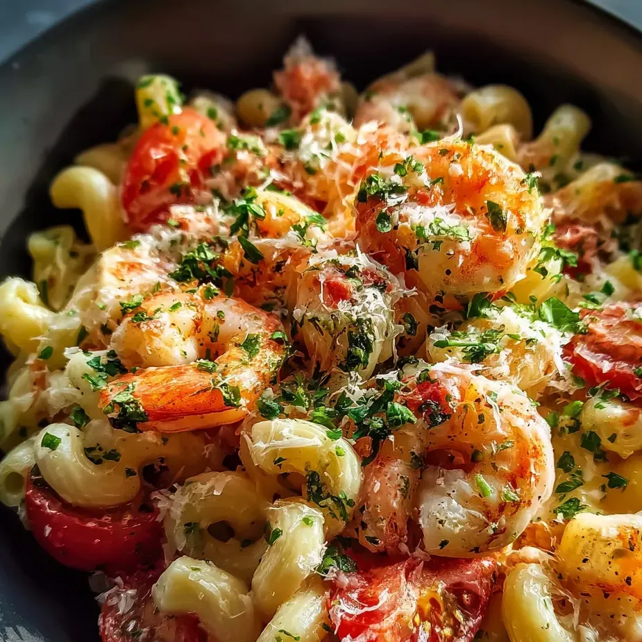 A bowl of shrimp and pasta.