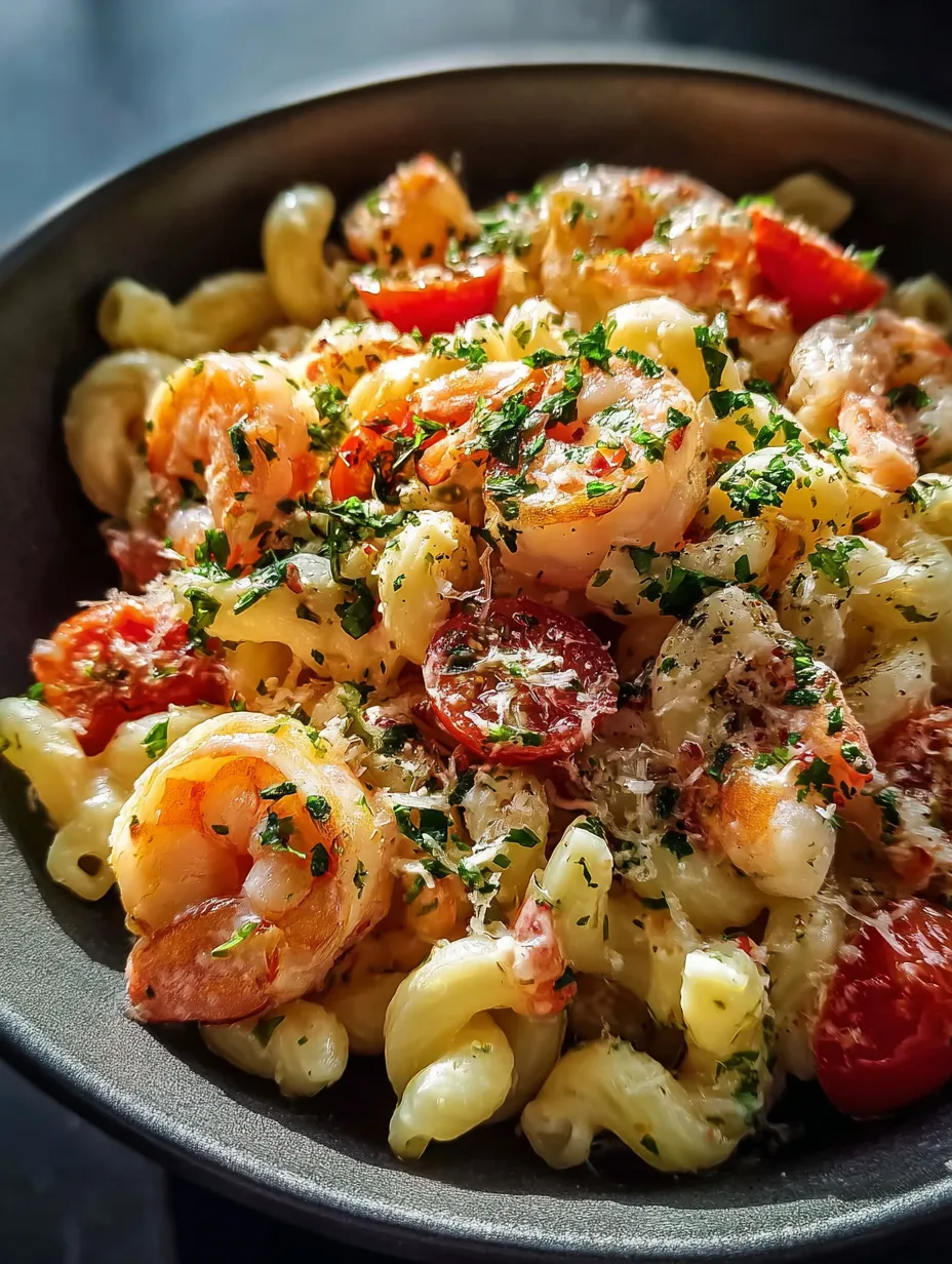 A bowl of shrimp and pasta.