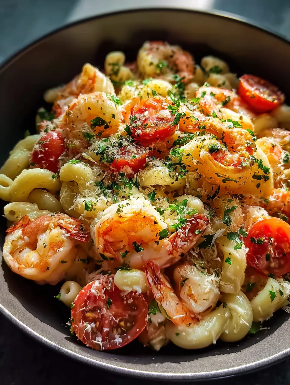 A bowl of pasta with shrimp and tomatoes.
