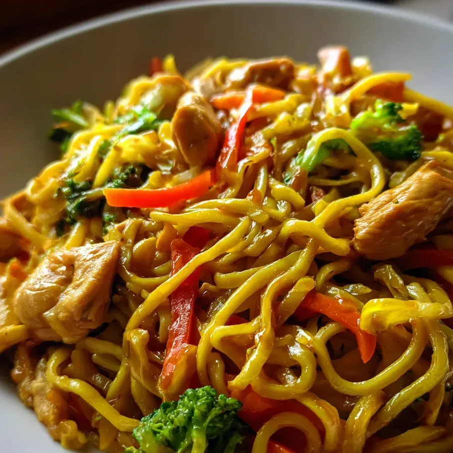 A plate of noodles with vegetables and meat.