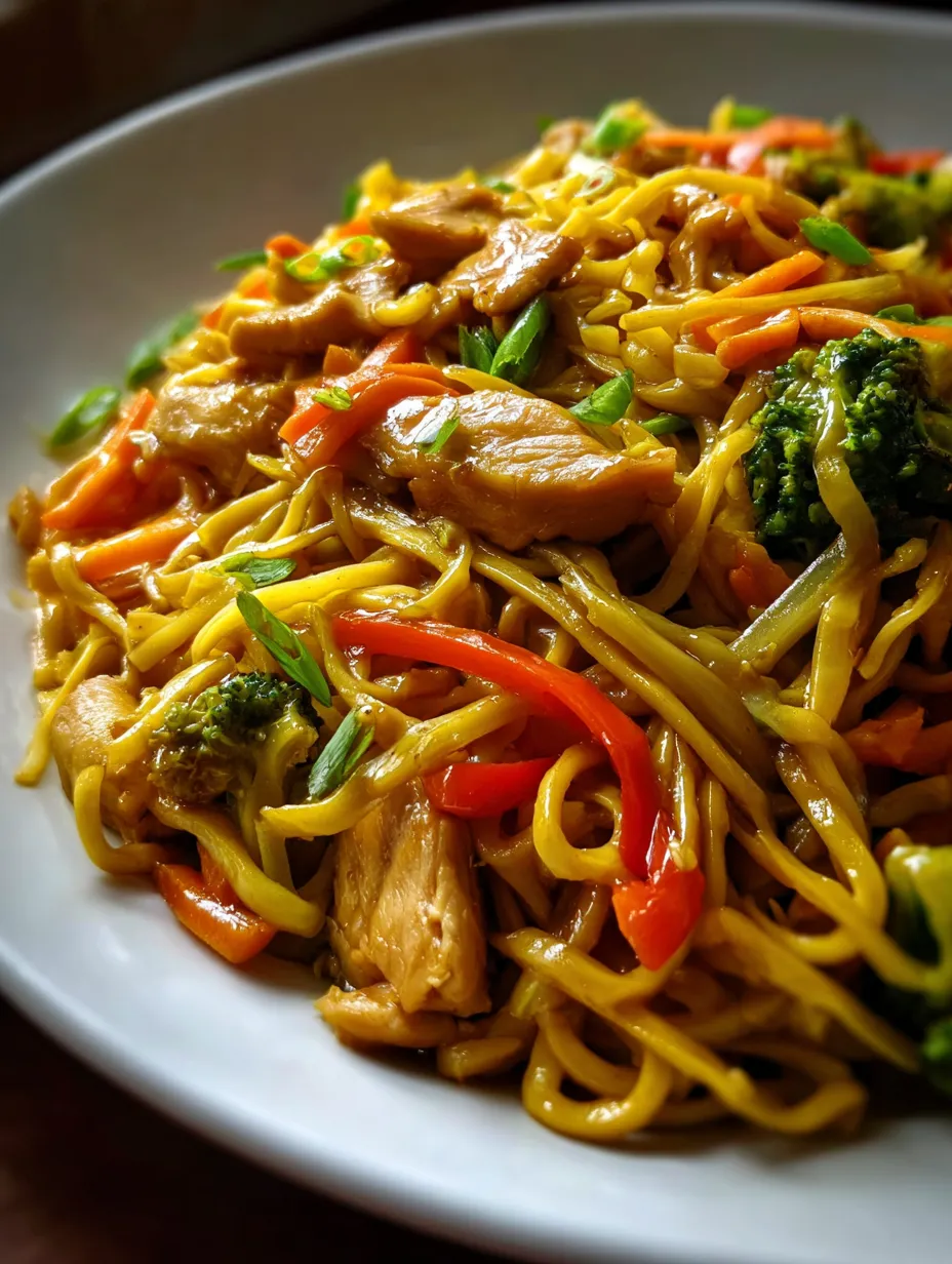 A plate of noodles with chicken and broccoli.