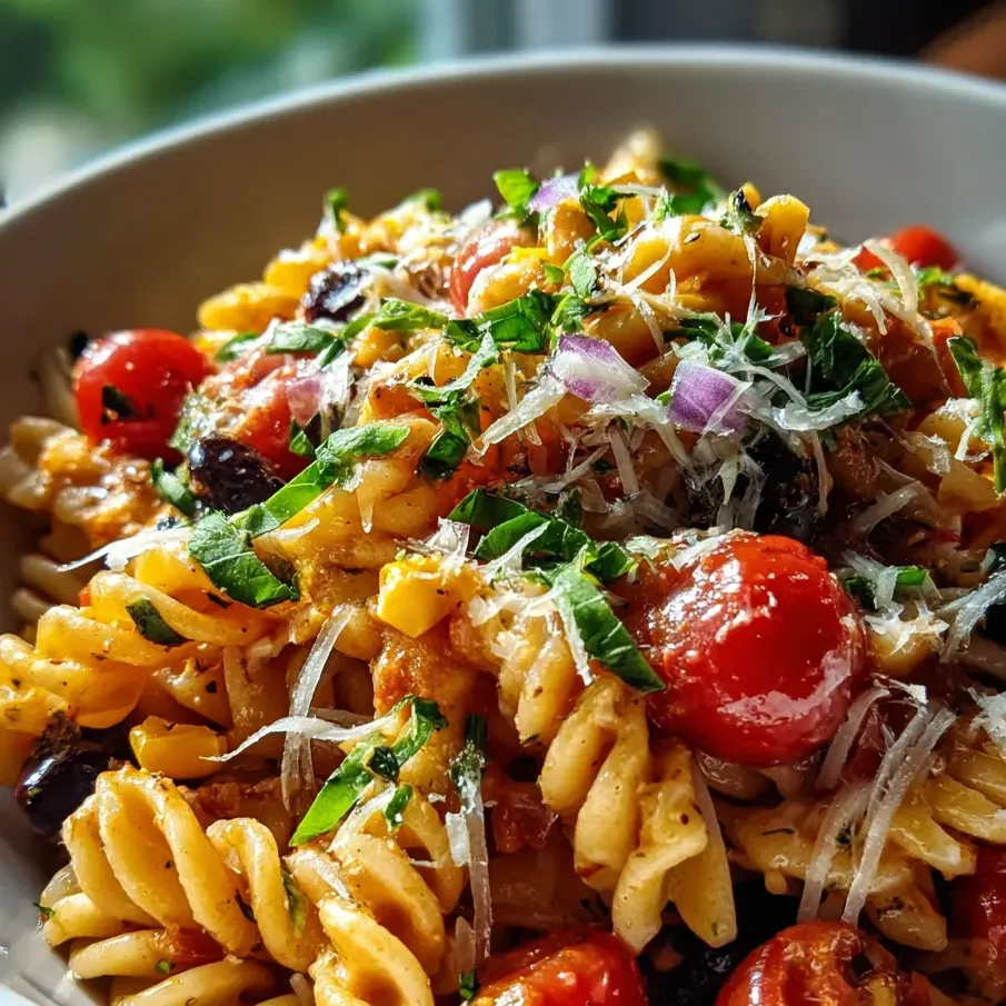 A bowl of pasta with tomatoes and cheese.