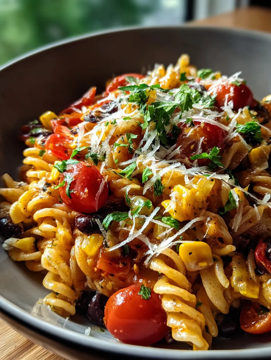 A bowl of pasta with tomatoes and cheese.