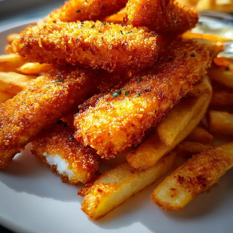 A plate of fries and fish sticks.