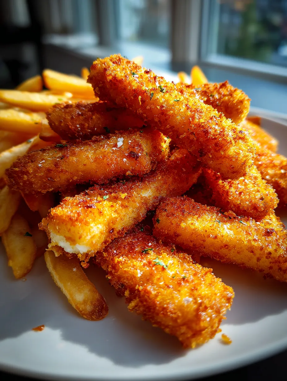 A plate of fried food with fries and breaded fish sticks.