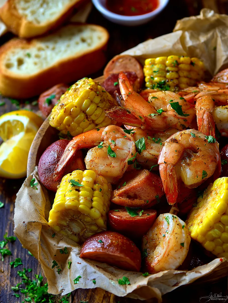 A plate of food with shrimp, corn, and sausage.