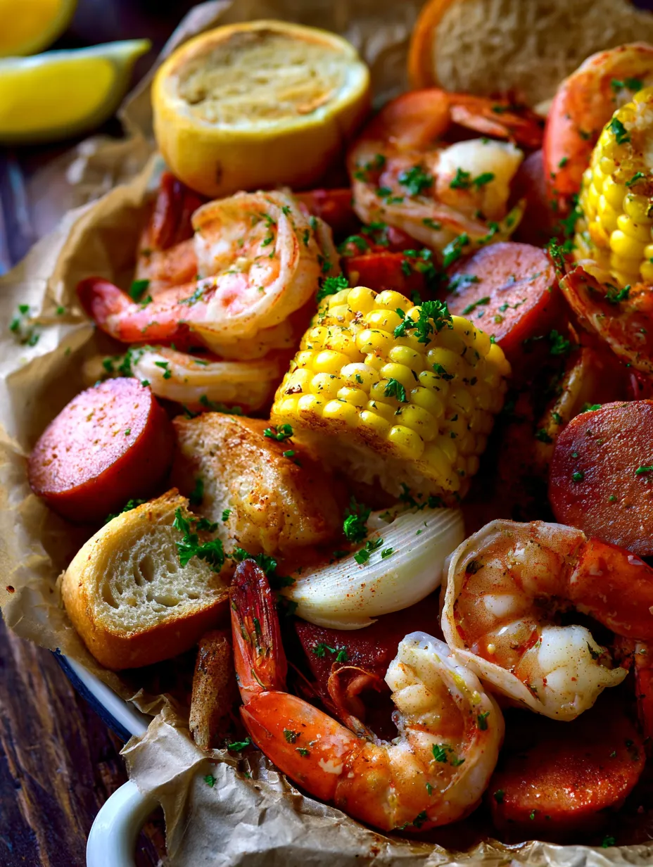 A plate of food with shrimp, corn, and bread.