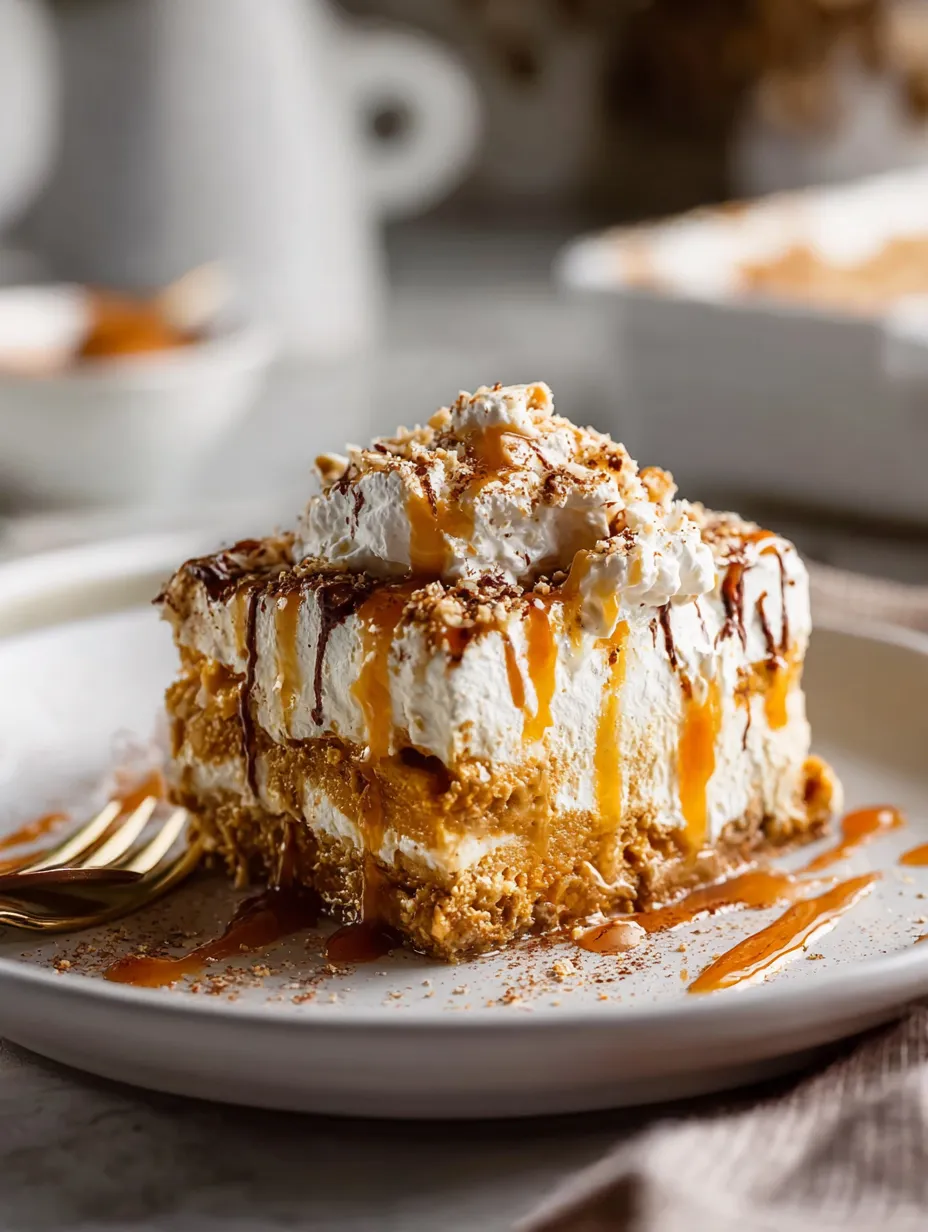 A slice of cake with caramel drizzled on top.
