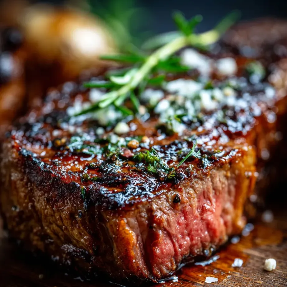 A piece of meat with herbs on it.