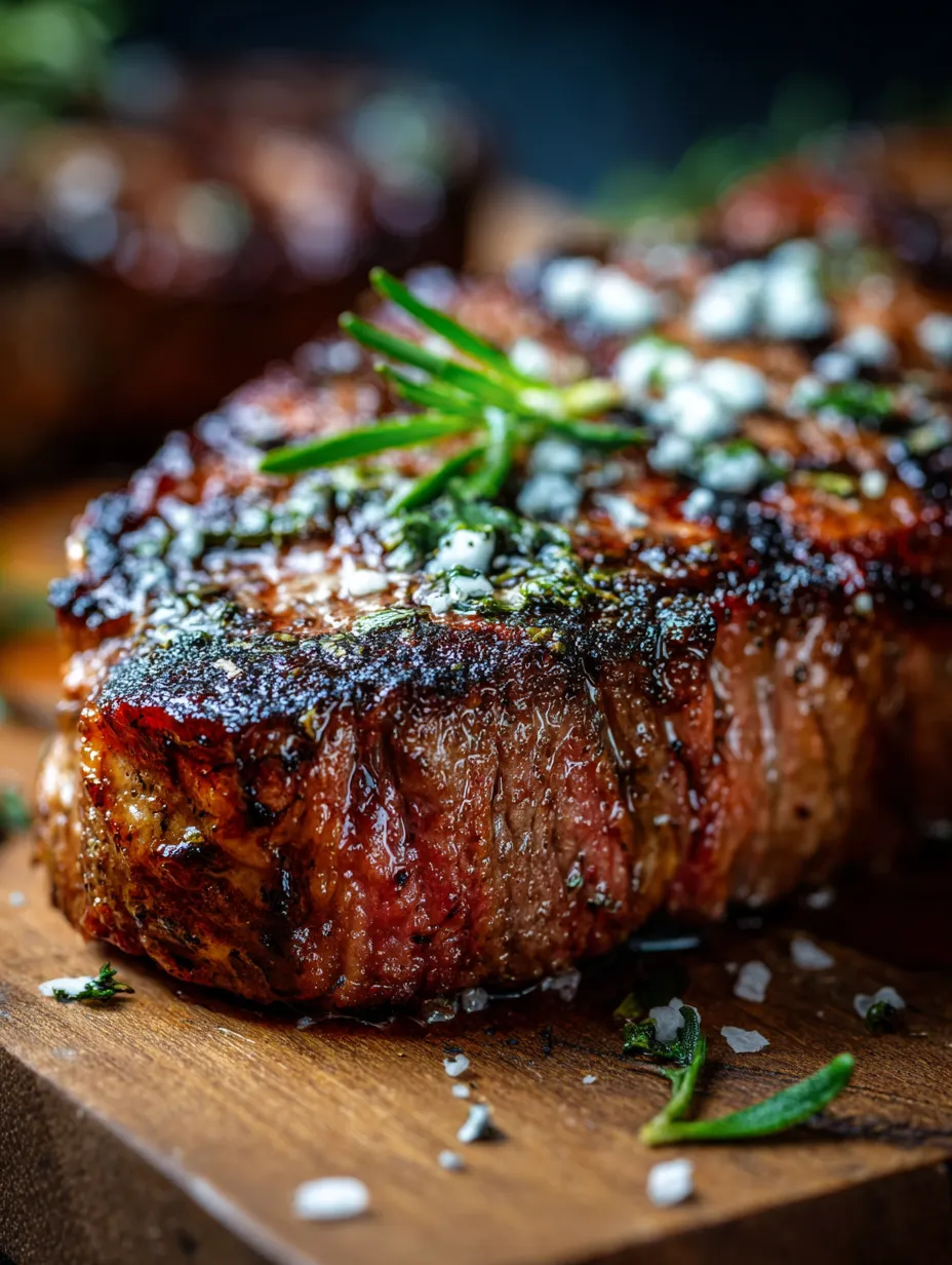 A piece of meat with herbs on it.