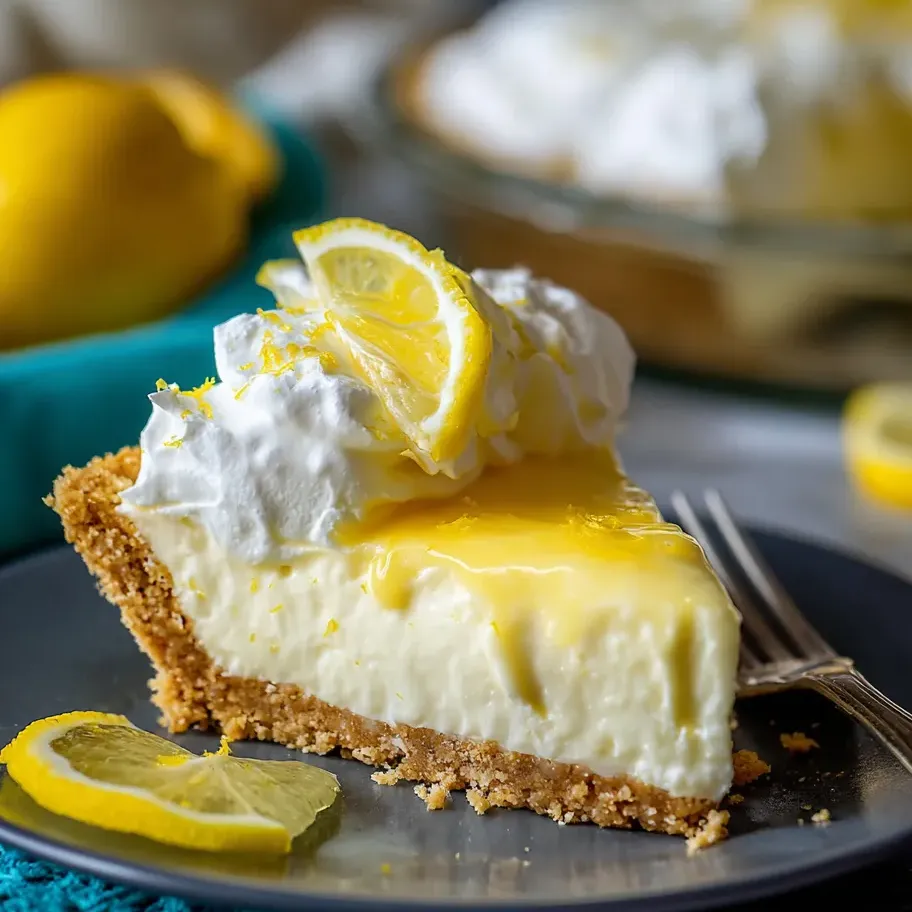 A slice of lemon cheesecake with a lemon wedge on the side.