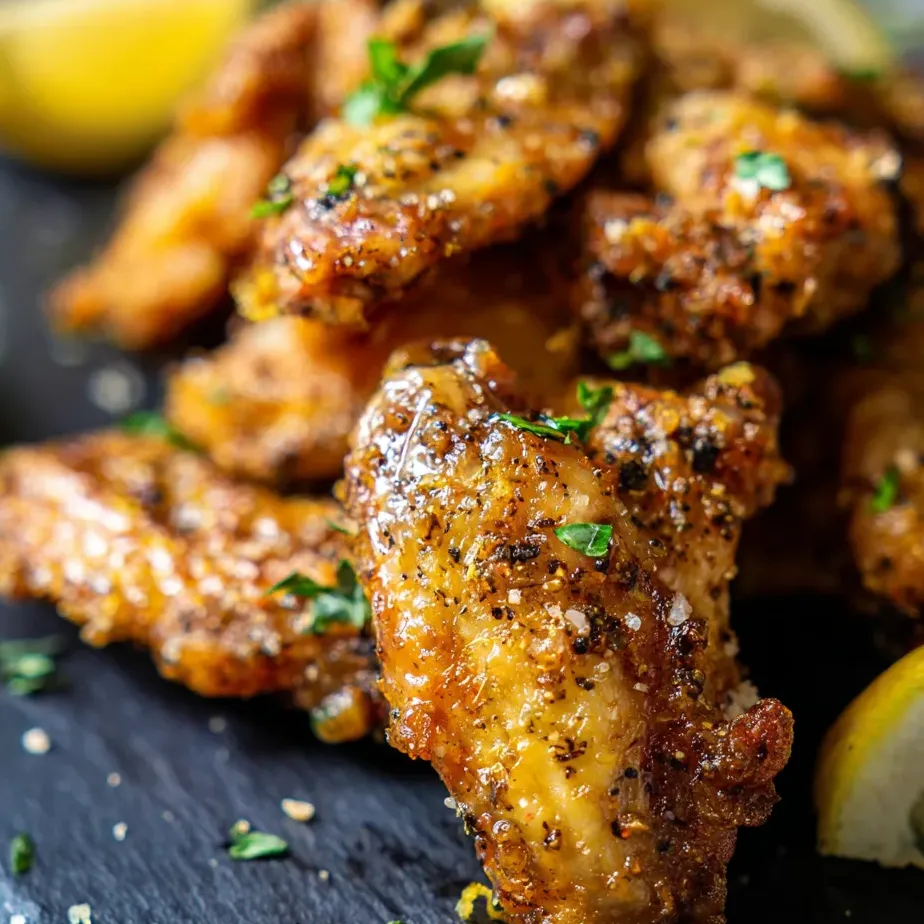 A plate of fried chicken with lemon wedges.