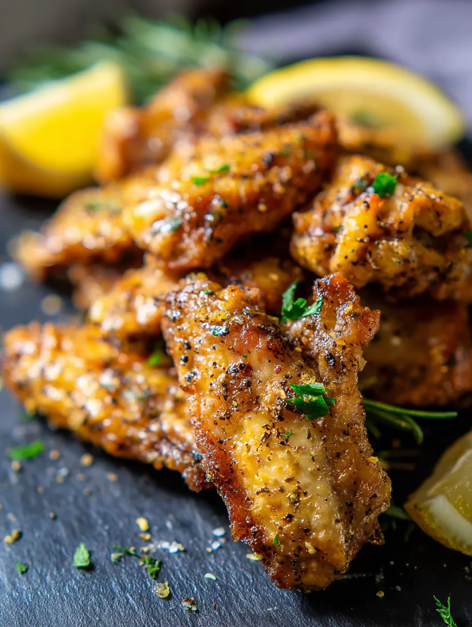 A plate of chicken wings with a lemon wedge.