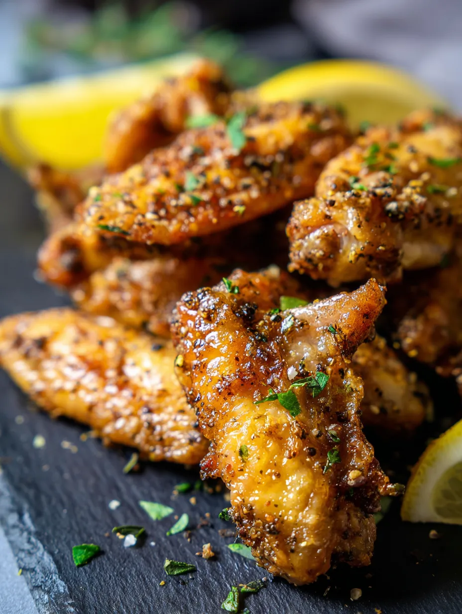 A plate of fried chicken with lemon wedges.
