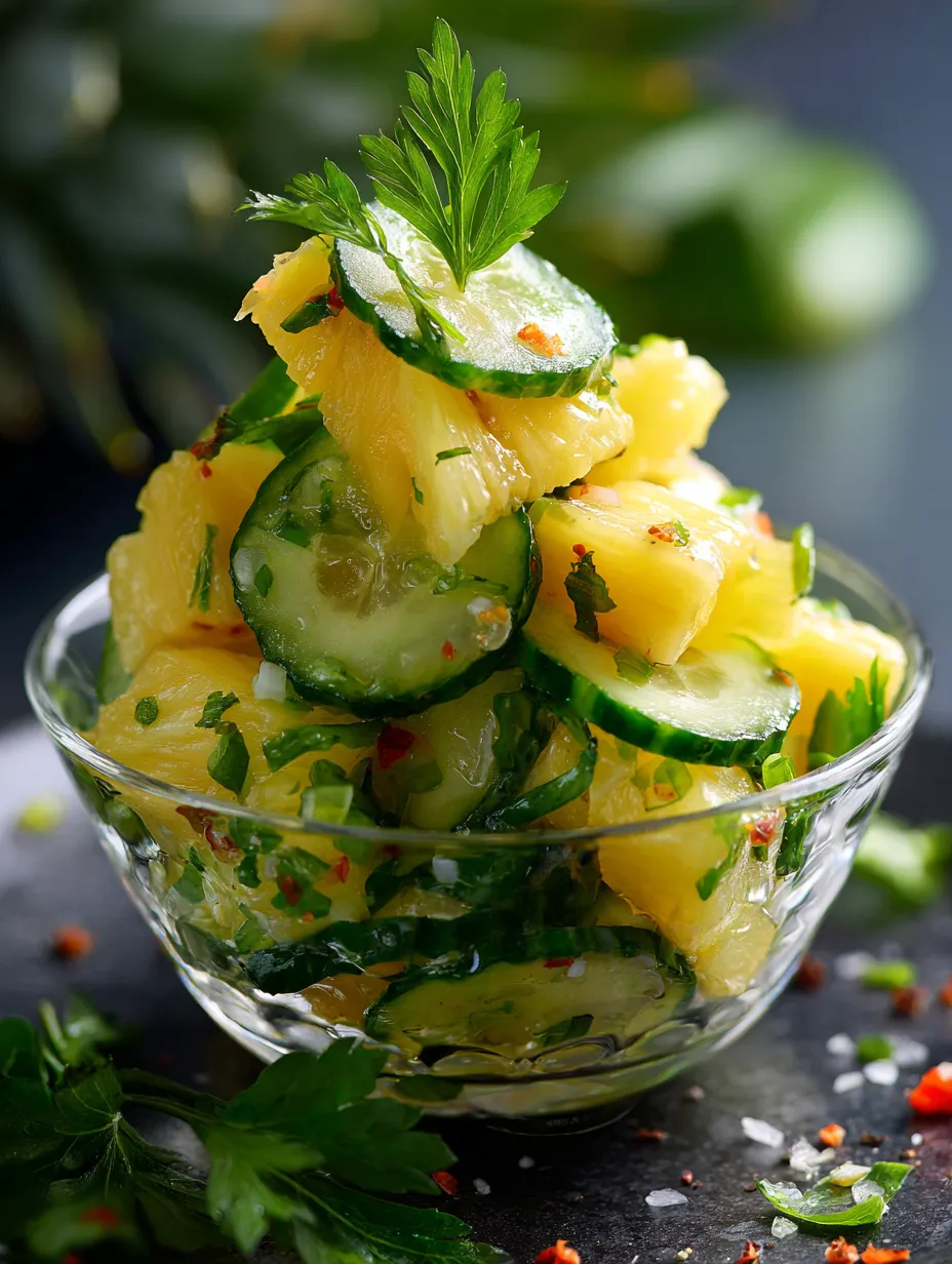 A bowl of sliced pineapple and cucumbers.
